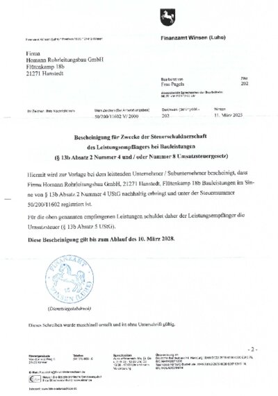 Bescheinigung Steuerschuldnerschaft §13b