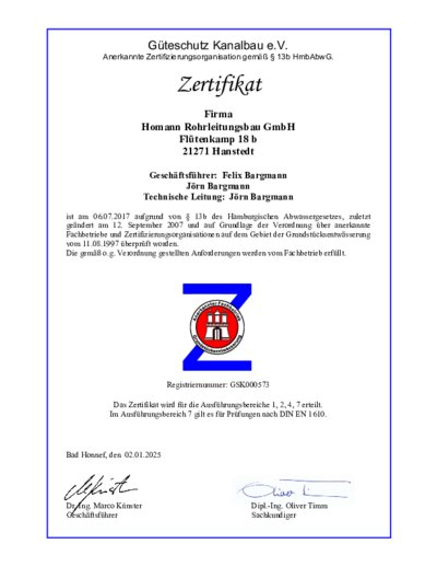 Zertifikat Grundstücksentwässerung